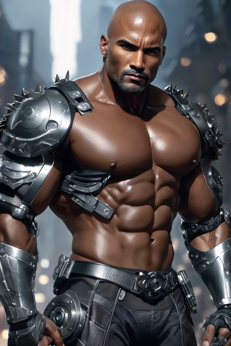 X-men cable,  (Black male),(African), very dark skin), ((( best mixture of the rock and boris kodjoe))) bald headed, silver mustache and goatee,UHD,  super detailed, very muscular physique, (((hands waist high glowing with electric bolts))), perfect muscular body,  full_body,  battle_stance,((wearing black steel body armor))  
cyberpunk,SteelHeartQuiron character,elina,lun4,photo r3al