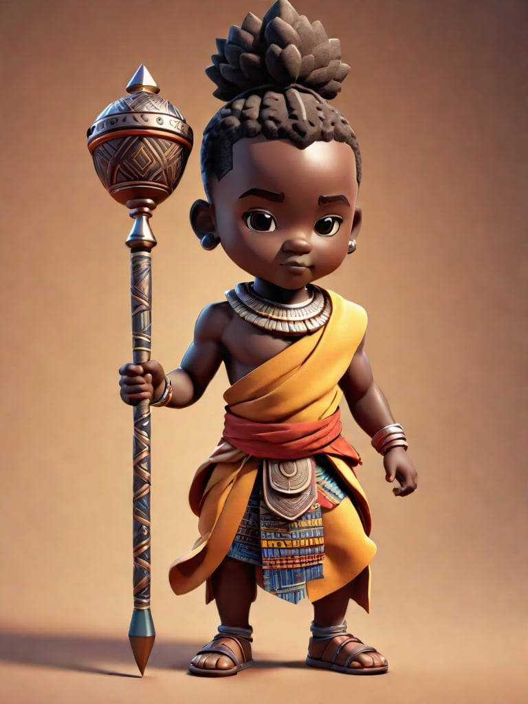 1boy, african boy, walking, holding royal scepter  ,AI_Misaki,3d figure,african king style,traditional african kinte cloth attire design, african queen ink drawing