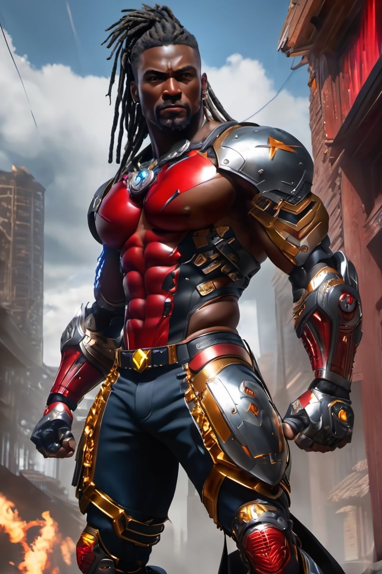 X-men cable,  (Black male),(African),dark skin) (silver dreadlocks),UHD,  super detailed, very muscular physique, (((hands waist high glowing with electric bolts))), perfect muscular body,  full_body,  battle_stance,((wearing red steel  blackand gold body armor with hint of red and blue))  
cyberpunk,SteelHeartQuiron character,elina,lun4,photo r3al