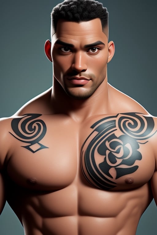 black 
bald man mix of the rock and boris khojoe, muscular build, tattoo word outlaw on right chest