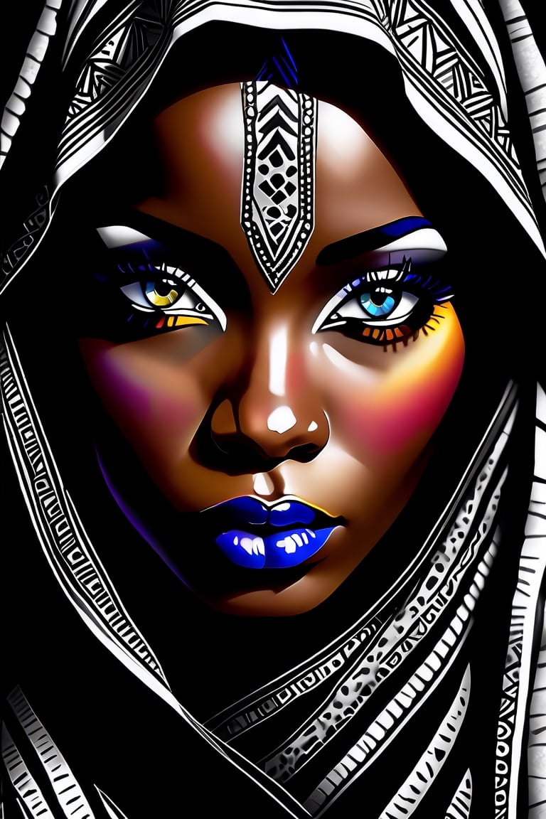 Black and white professional portrait photography of a (((stunningly beautiful african woman))), with intricate colored eyes, hyperdetailed face,  hyperdetailed eyes,  sharp focus on eyes,  8k,  80mm digital photo 