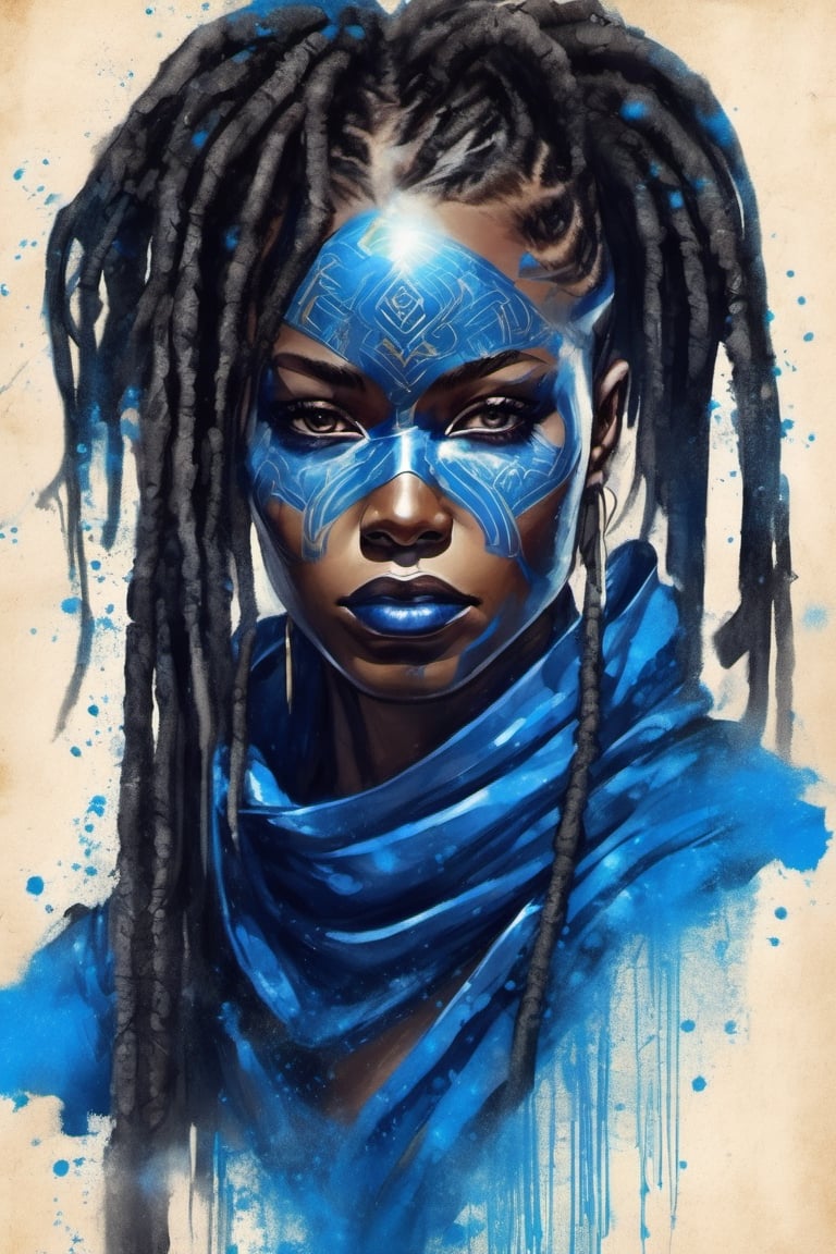 illustration, paint on old parchment paper, woman ninja, (((stunningly beautiful african woman))), long black and blue dreadlocks. 25 years old. Eyes, blue_eyes, serious and caring face, cute. Perfect lips, in the rain, wet skin. sword, xxmix_girl, detailed eyes, pretty face, wide nose, slim eyes, athletic body, toned body, nice legs, toned legs, large breast, full body, cinematic lighting from behind, blue neon dust, blue neon glow, black ninja clothes with blue accent. futuristic hi-tech outfit, long purple neck scarf, dynamic pose, action, from below,ink scenery, black and blue colors only, pen and brush stroke, action_lines, motion_lines