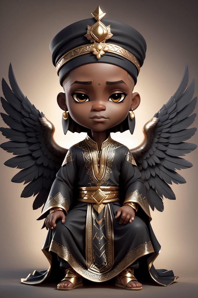 chibi, fullbody potrait of (((stunningly handsome african black man))), wearing muslim 2 piece garment with matching head wrap  
 sitting on a thronefallen angel, chibi style, 3d style, AngelicStyle