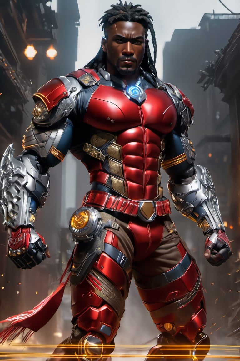 X-men cable,  (Black male),(African),dark skin) (silver dreadlocks),UHD,  super detailed, very muscular physique, (((hands waist high glowing with electric bolts))), perfect muscular body,  full_body,  battle_stance,((wearing red steel  blackand gold body armor with hint of red and blue))  
cyberpunk,SteelHeartQuiron character,elina,lun4,photo r3al