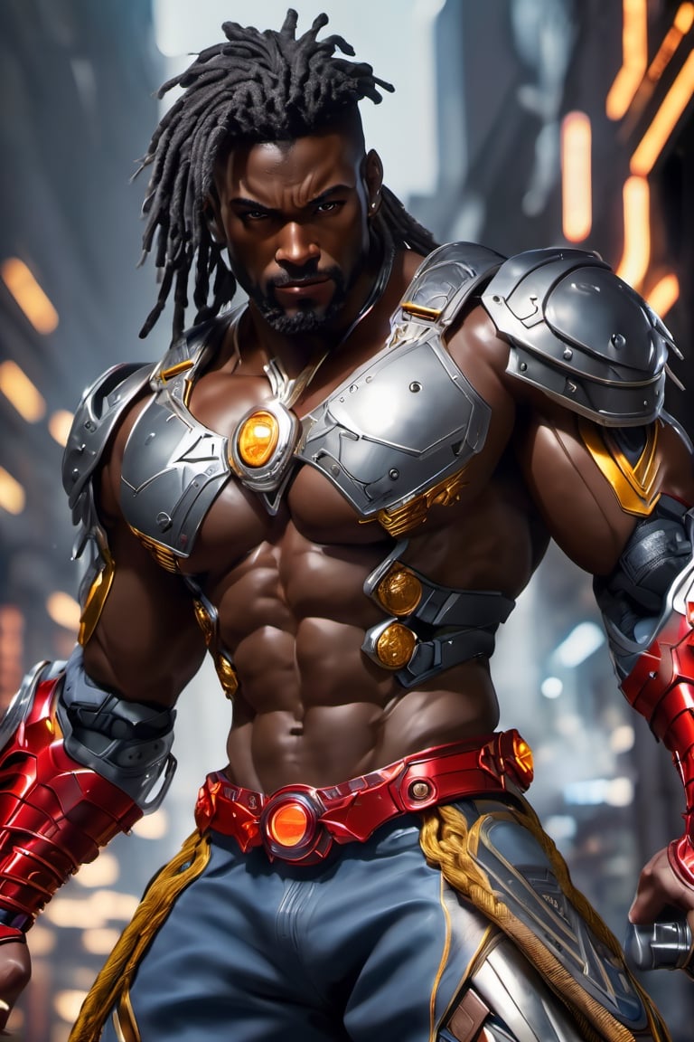 X-men cable,  (Black male),(African),dark skin) (silver dreadlocks),UHD,  super detailed, very muscular physique, (((hands waist high glowing with electric bolts))), perfect muscular body,  full_body,  battle_stance,((wearing red steel  blackand gold body armor with hint of red and blue))  
cyberpunk,SteelHeartQuiron character,elina,lun4,photo r3al