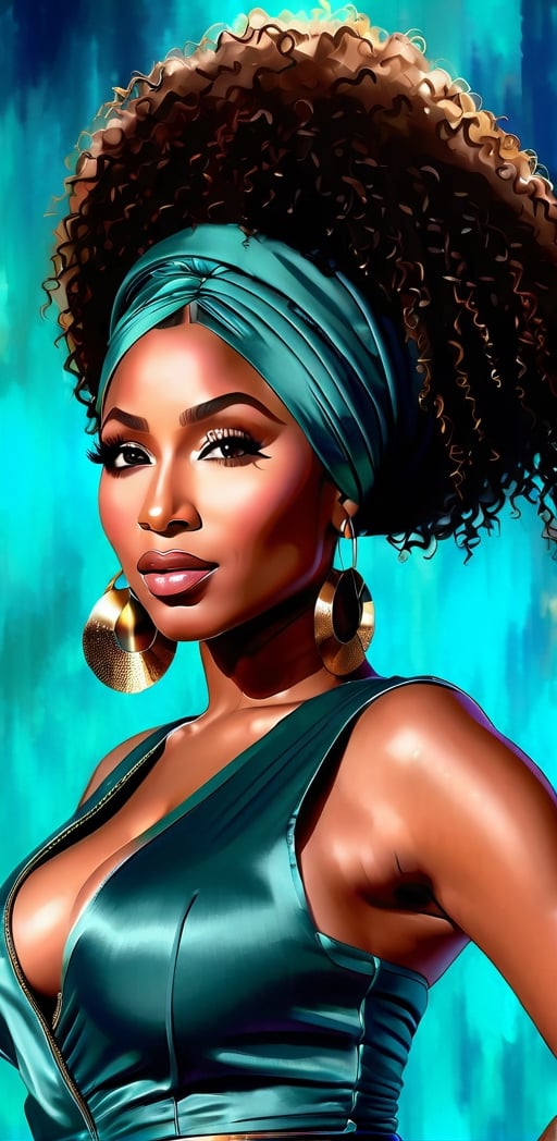 Portrait painting of a (((stunningly beautiful  black woman))), mix of nicki minaj and beyonce knowles, with hazel eyes and brown hair, close-up, 80mm digital photography, bokeh, beauty, flowy teal hair,  zoom from above, sharp focus on eyes, well blended colors,