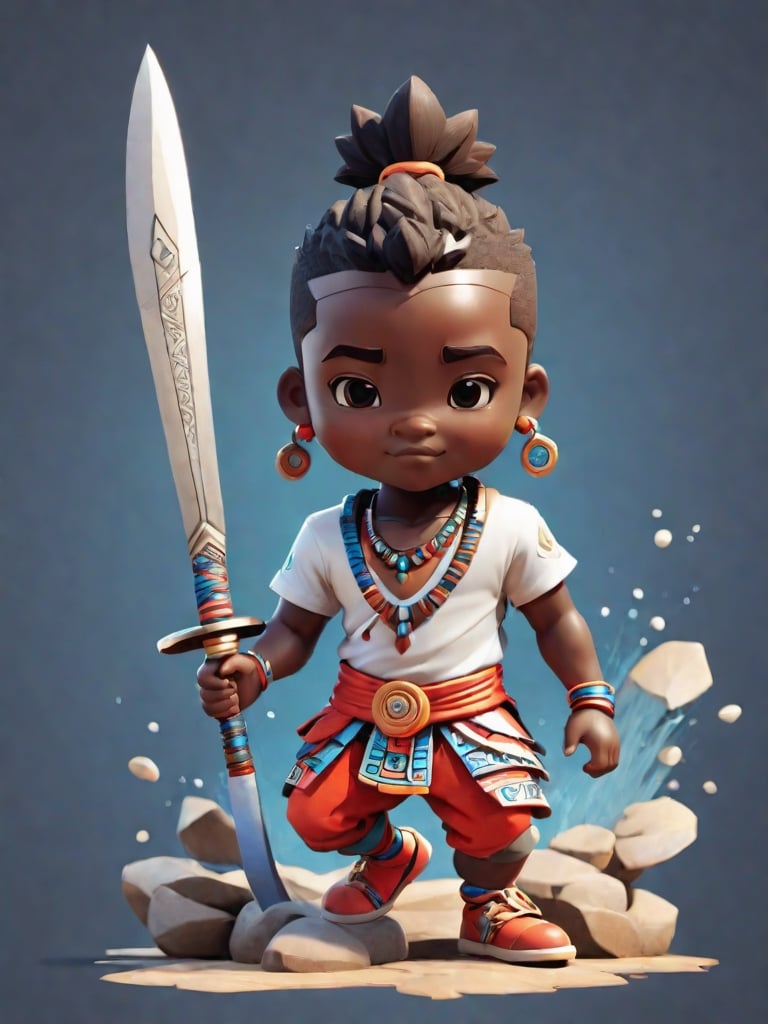 1boy, african boy, walking, holding blade ,AI_Misaki,3d figure,zulu style,tshirt design, zulu ink drawing