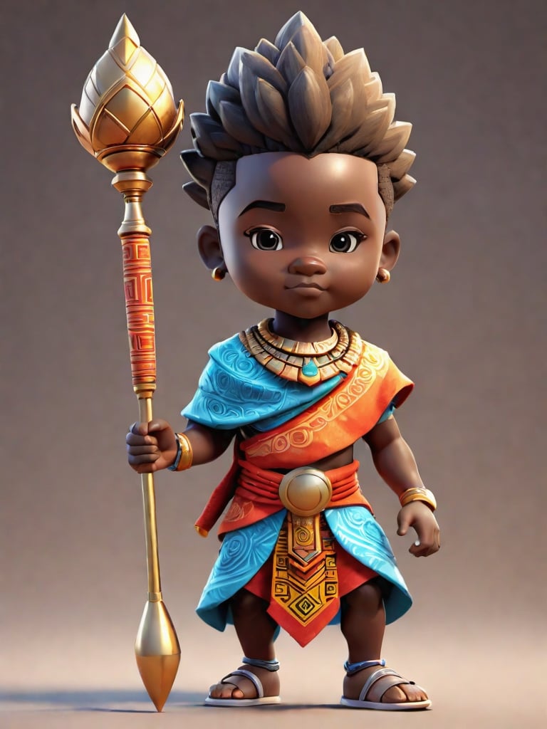 1boy, african boy, walking, holding royal scepter  ,AI_Misaki,3d figure,african king style,traditional african kinte cloth attire design, african queen ink drawing