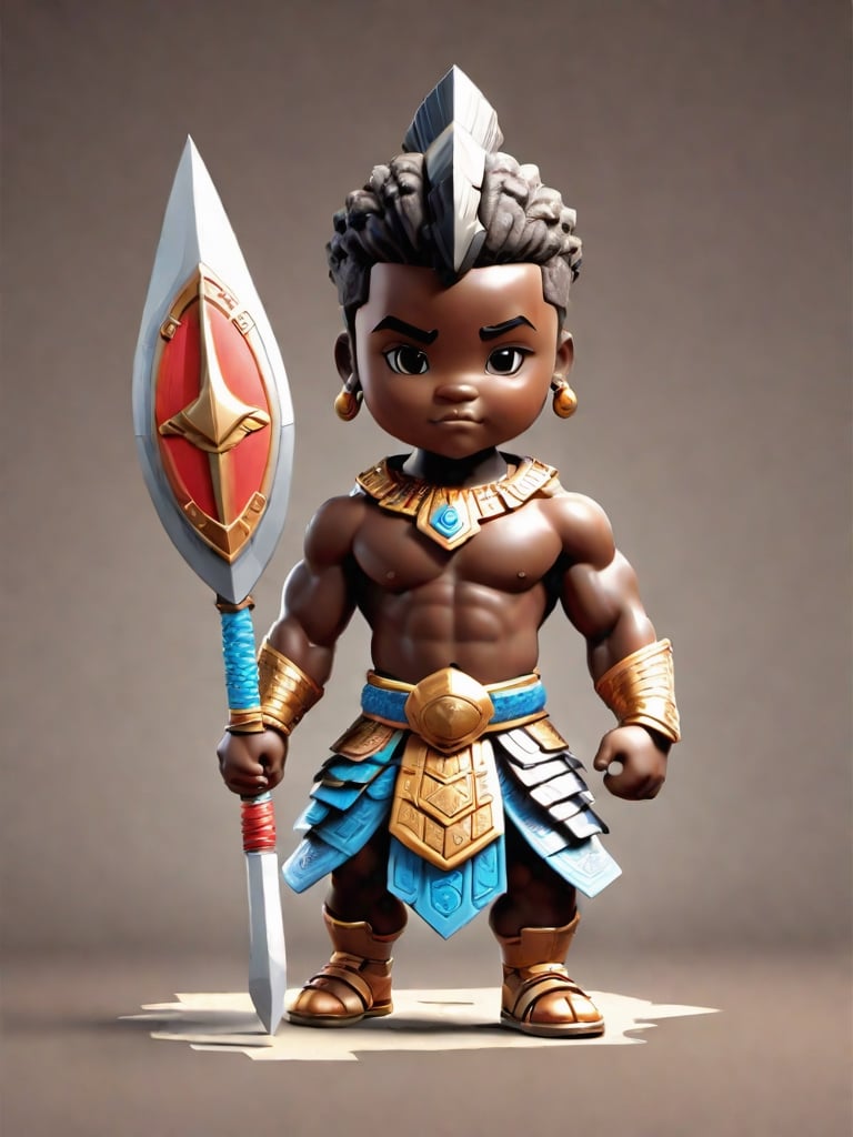 1boy, african boy, muscular build, walking, holding blade and shield ,AI_Misaki,3d figure,zulu king style,tshirt design, zulu king ink drawing