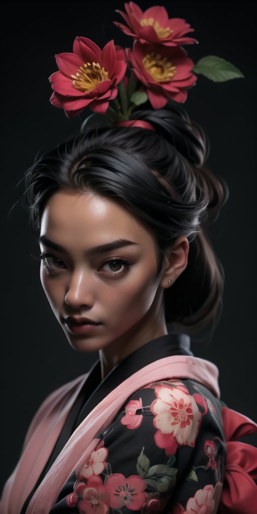 high quality, photorealistic, raw photo, photo portrait of beautiful black woman, samurai, flower in hair, kimono, normal breasts, (black face), red eyes, black hair, perfect lips, sakura, dynamic pose, masterpiece, cowboy shot, highly detailed, highres, japanese mountain background.
Professional photograph by Lee Jeffries.
Perfect light kn subject same as environment,cyberpunk robot
Vivid colours 