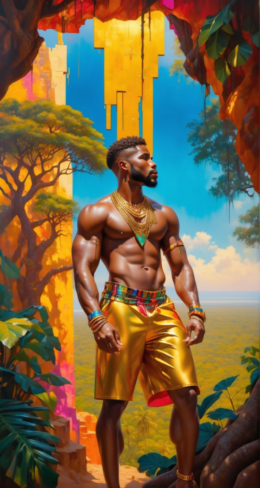 Please create a masterpiece,  (((stunningly handsome African American man))), perfect face, short cut hair, light_brown_eyes, thick lips, epic love, full-body, very muscular build, small waist,  baobab tree, overlooking the jungle below, hyper-realistic oil painting,  vibrant colors, traditional african mans garment, gold chains,  multiple gold armbands and bracelets, biopunk,   dystopic,  golden light,  perfect composition, colorful sky, dripping paint,  