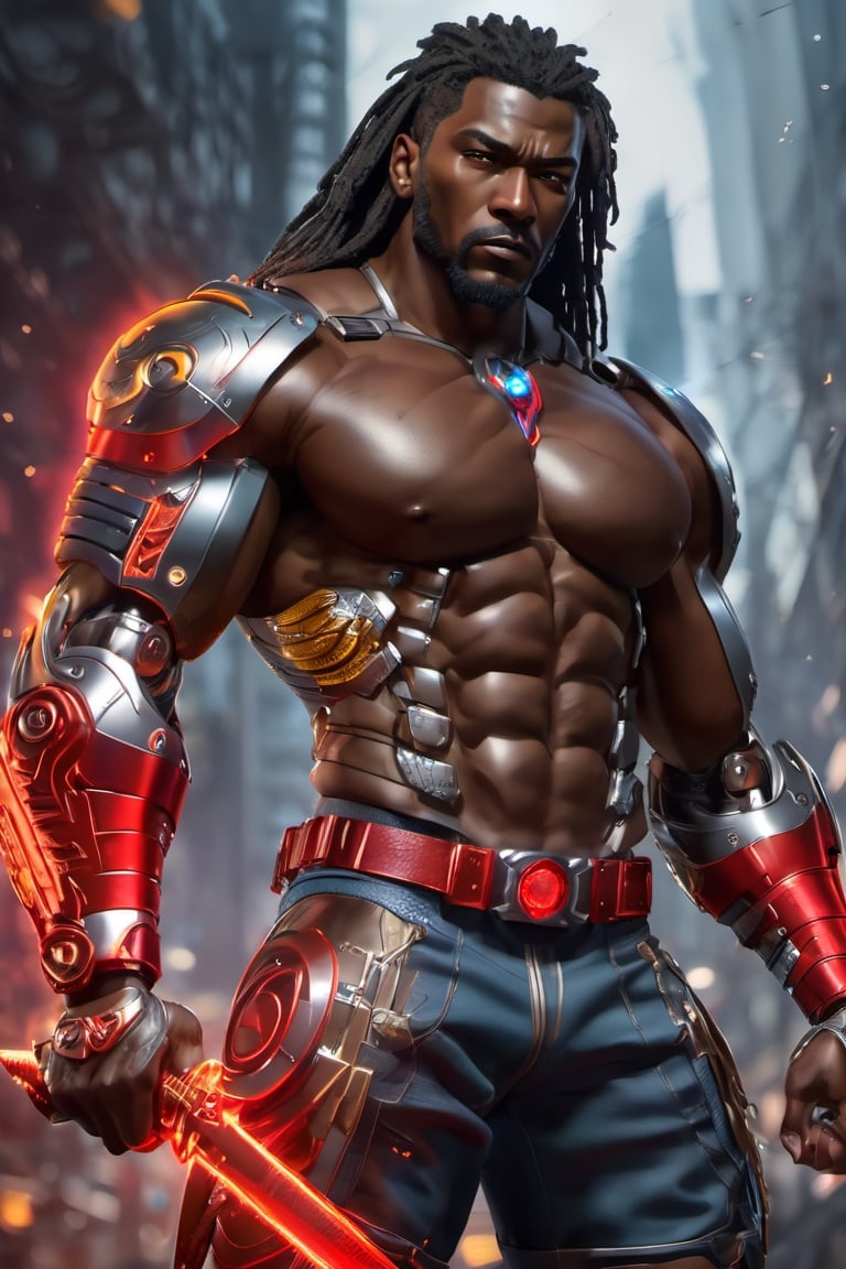 X-men cable,  (Black male),(African),dark skin) (silver dreadlocks),UHD,  super detailed, very muscular physique, (((hands waist high glowing with electric bolts))), perfect muscular body,  full_body,  battle_stance,((wearing red steel  blackand gold body armor with hint of red and blue))  
cyberpunk,SteelHeartQuiron character,elina,lun4,photo r3al