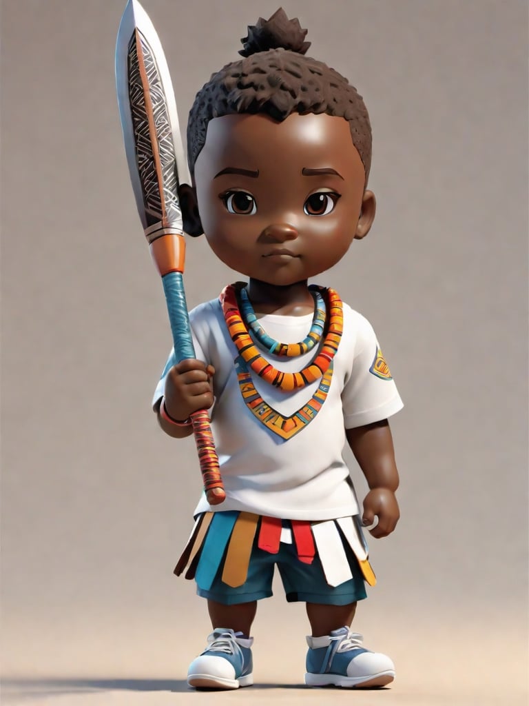 1boy, african boy, walking, holding blade ,AI_Misaki,3d figure,zulu style,tshirt design, zulu ink drawing