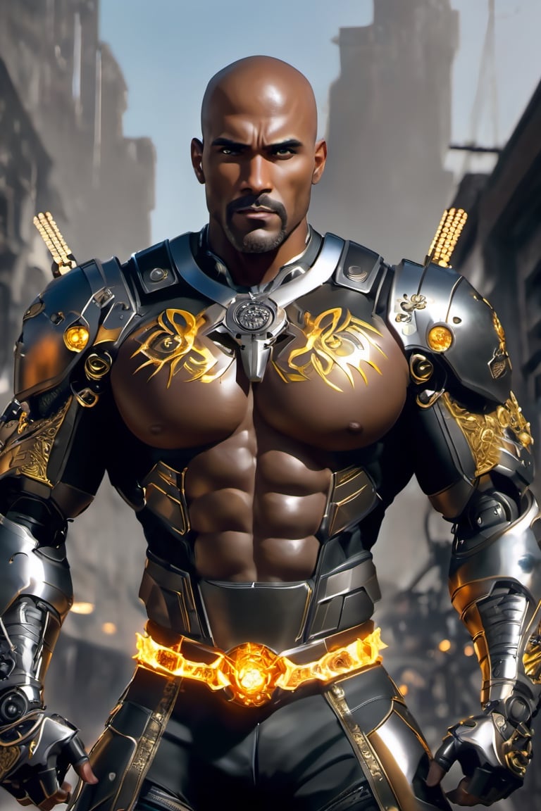 X-men cable,  (Black male),(African), very dark skin), ((( best mixture of the rock and boris kodjoe))), eyes glowing gold flames, bald headed, silver mustache and goatee,UHD,  super detailed, very muscular physique, (((hands waist high glowing with electric bolts))), perfect muscular body,  full_body,  battle_stance,((wearing black steel body armor))  
cyberpunk,SteelHeartQuiron character,elina,lun4,photo r3al