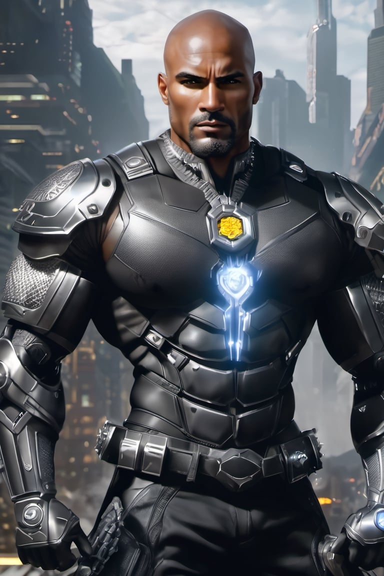 X-men cable,  (Black male),(African), very dark skin), ((( best mixture of the rock and boris kodjoe))) bald headed, silver mustache and goatee,UHD,  super detailed, very muscular physique, (((hands waist high glowing with electric bolts))), perfect muscular body,  full_body,  battle_stance,((wearing black steel body armor))  
cyberpunk,SteelHeartQuiron character,elina,lun4,photo r3al