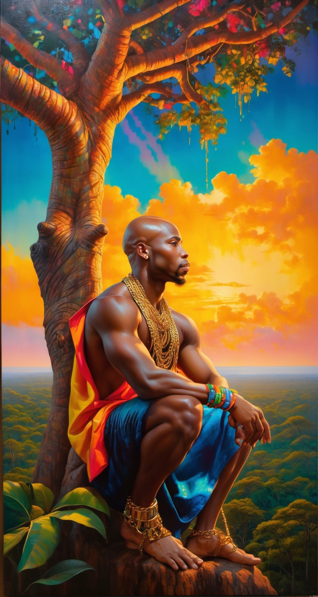 Please create a masterpiece,  (((stunningly beautiful African American man))), perfect face, bald headed, light_brown_eyes, thick lips, epic love, very muscula;r build baobab tree, overlooking the jungle below, hyper-realistic oil painting,  vibrant colors, traditional african mans garment, gold chains and bracelets,   biopunk,   dystopic,  golden light,  perfect composition, colorful sky, dripping paint,  