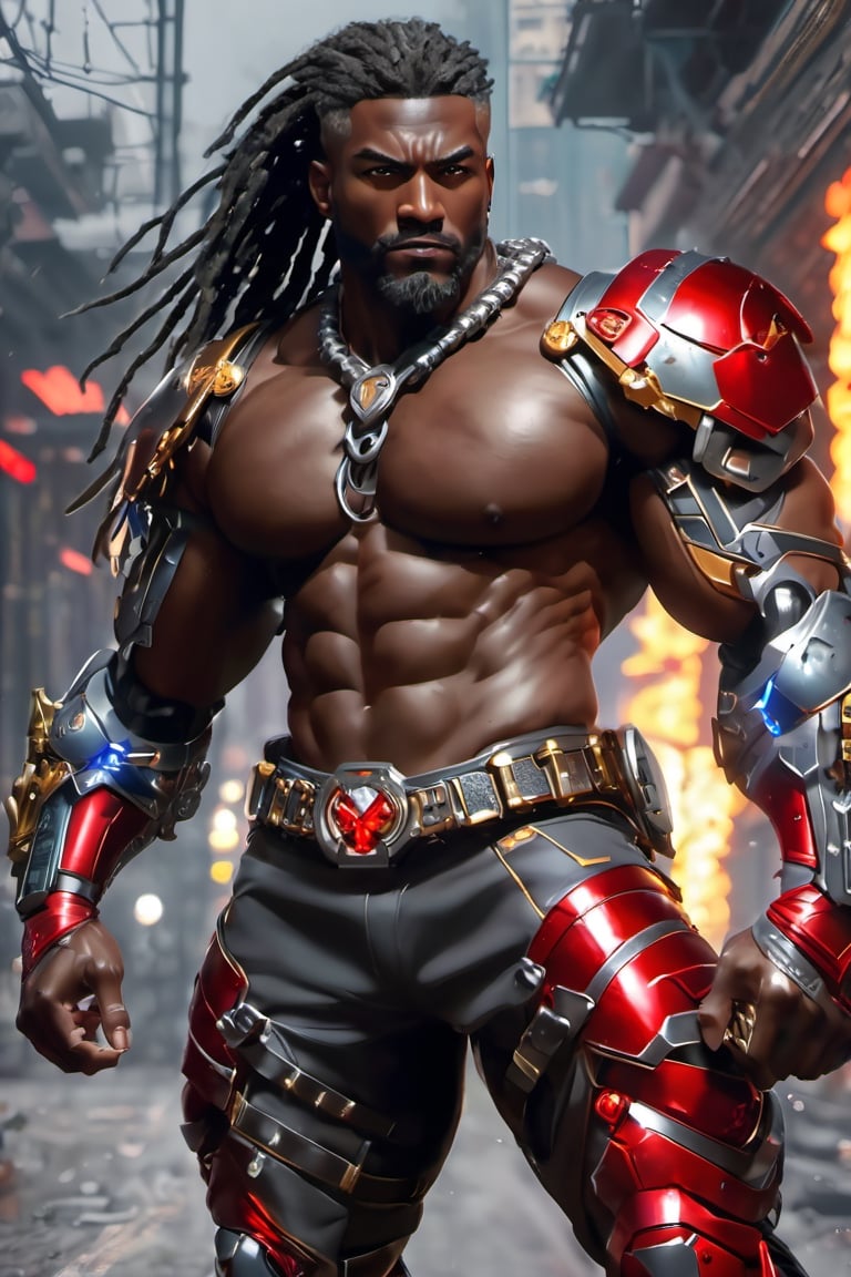 X-men cable,  (Black male),(African),dark skin) (silver dreadlocks),UHD,  super detailed, very muscular physique, (((hands waist high glowing with electric bolts))), perfect muscular body,  full_body,  battle_stance,((wearing red steel  blackand gold body armor with hint of red and blue))  
cyberpunk,SteelHeartQuiron character,elina,lun4,photo r3al