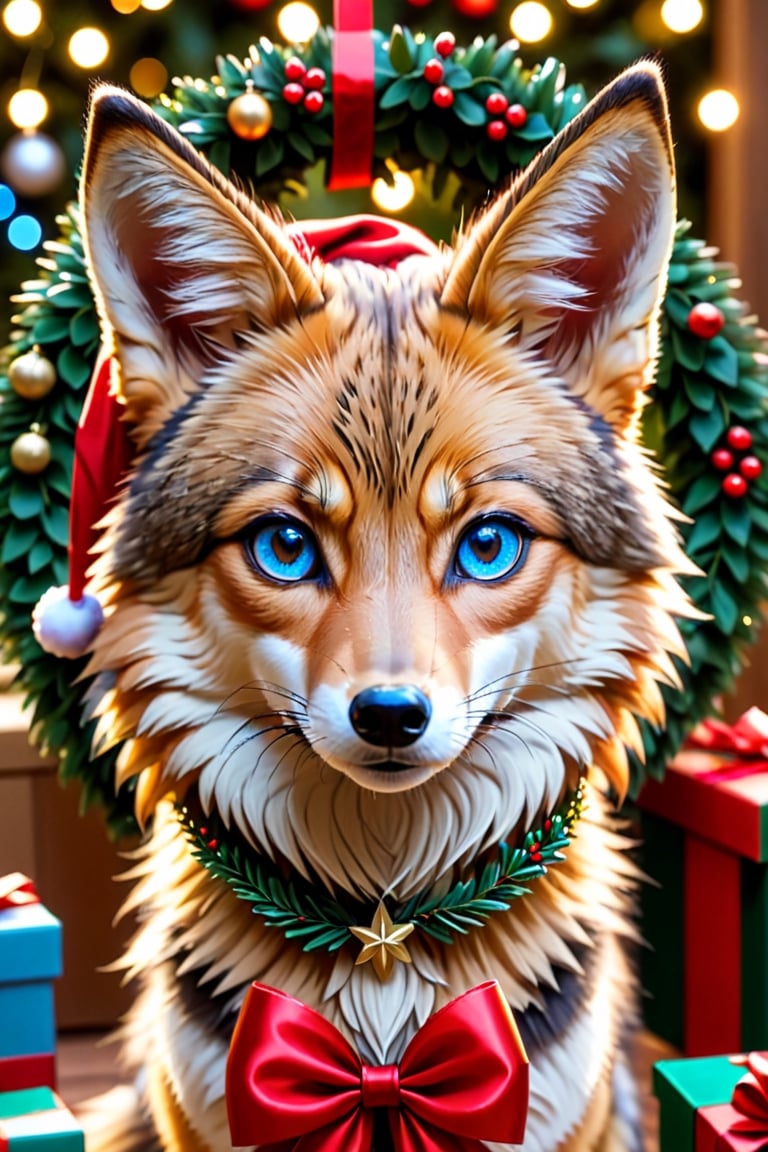 a (((tan and black and brown))), blue eyes coyote with Christmas wreath in the background, Apoloniasxmasbox,xxmix_girl