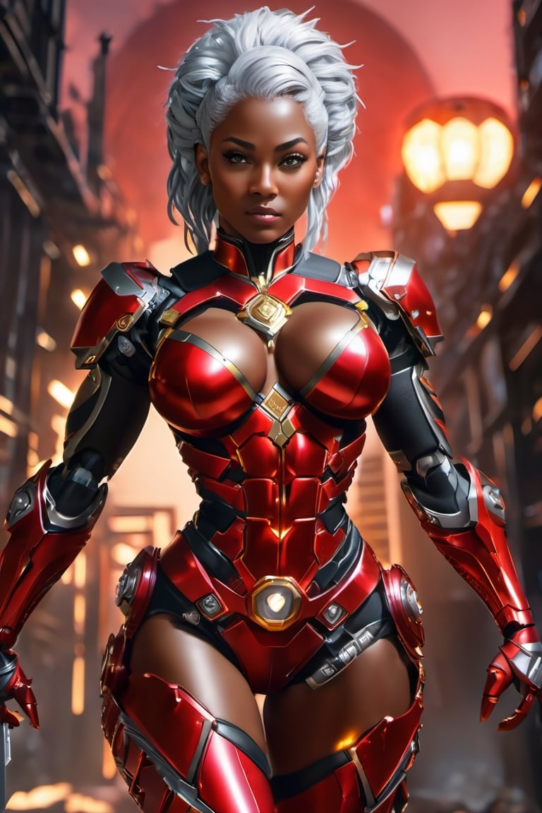 X-men Storm,  (Black female),(African),dark skin) (silver hair),UHD,  super detailed,  muscular physique, hands waist high glowing with electric bolts, perfect muscular body,  full_body,  battle_stance,((wearing red steel black and gold body armor))  
cyberpunk,SteelHeartQuiron character,elina,lun4,photo r3al