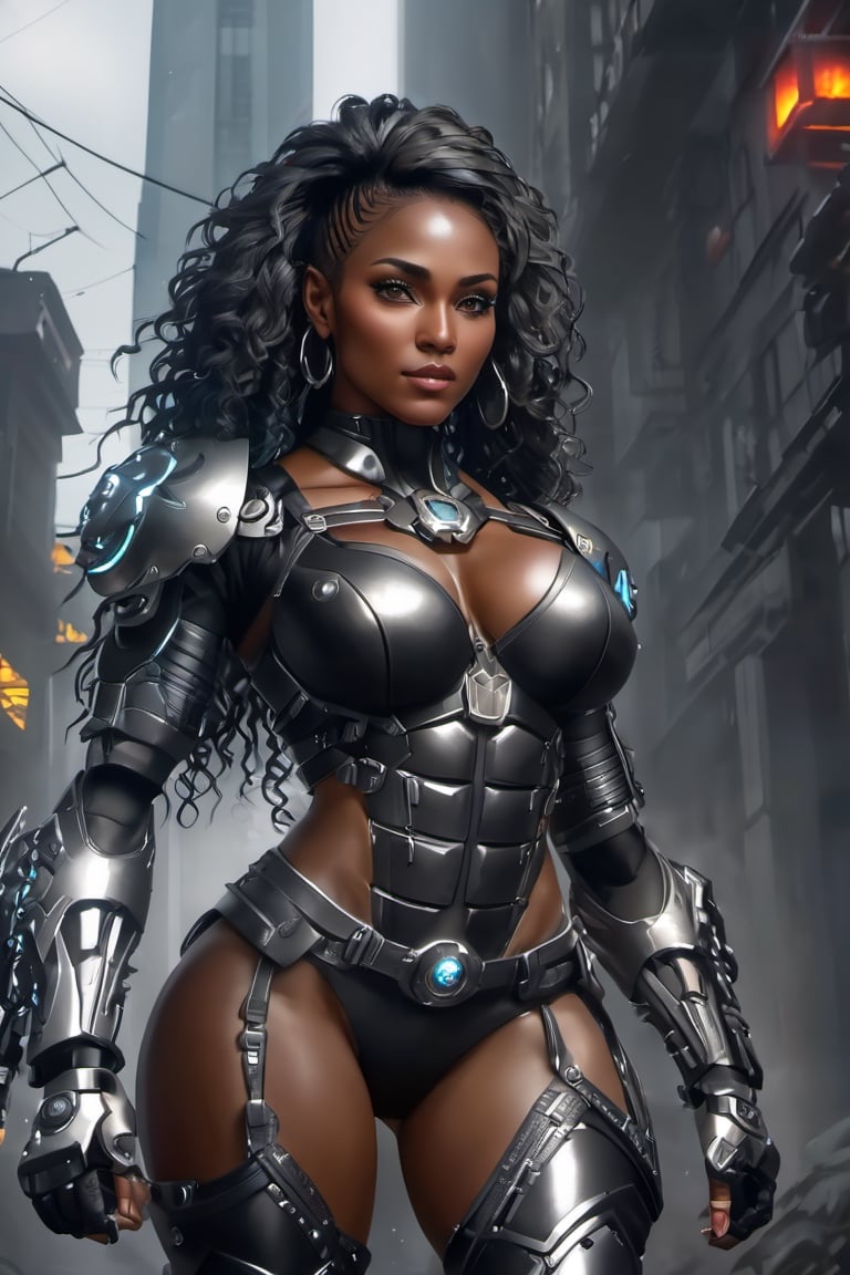 X-men cable,  (Black female),(African), very dark skin), ((( best mixture of the rock and boris kodjoe))) gray hair, UHD,  super detailed, very muscular physique, (((hands waist high glowing with electric bolts))), perfect muscular body,  full_body,  battle_stance,((wearing Black steel body armor ))  
cyberpunk,SteelHeartQuiron character,elina,lun4,photo r3al