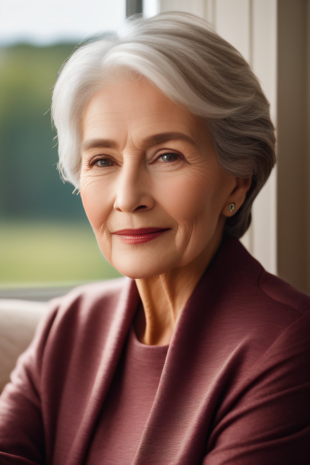 A hyper-realistic portrait of an elegant woman in her 60s, highlighting the wisdom and grace etched on her face. Every wrinkle, strand of silver hair, and the soft, serene expression should be meticulously depicted. She is sitting in a cozy reading nook by a window, basking in the warm afternoon light. Shot with a Sony A7R III, 105mm f/2.8 macro lens, f/4 aperture, and diffused window light,Movie Still