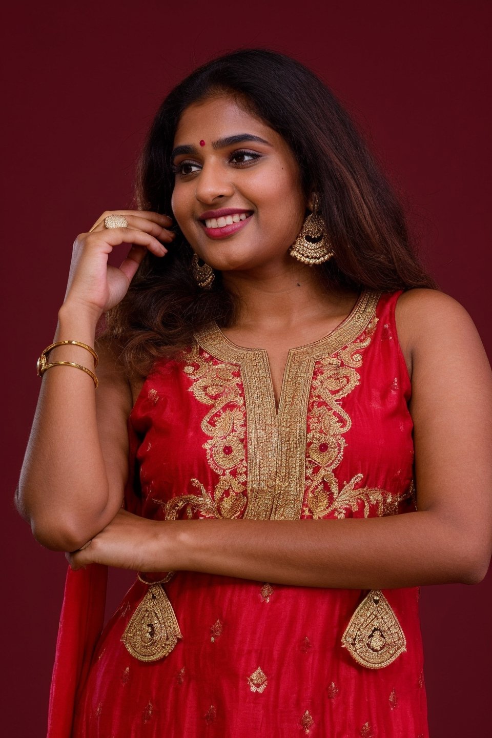 20 year old indian woman,  thick waist, long curly brown hair, gold jewels, front view, movie scene, cinematic, high-quality, ultra-detailed, professionally color graded, professional photography.  ( hard light:1.2), (volumetric:1.2), well-lit, double exposure, award-winning photograph, dramatic lighting, dramatic shadows, illumination, long shot, wide shot, full body, at studio, smart watch on left hand, happy_face, Fast shutter speed, 1/1000 sec shutter, golden_jewelry, embroidered traditional indian dress, , salwar, red cloth, sleeveless, dark background