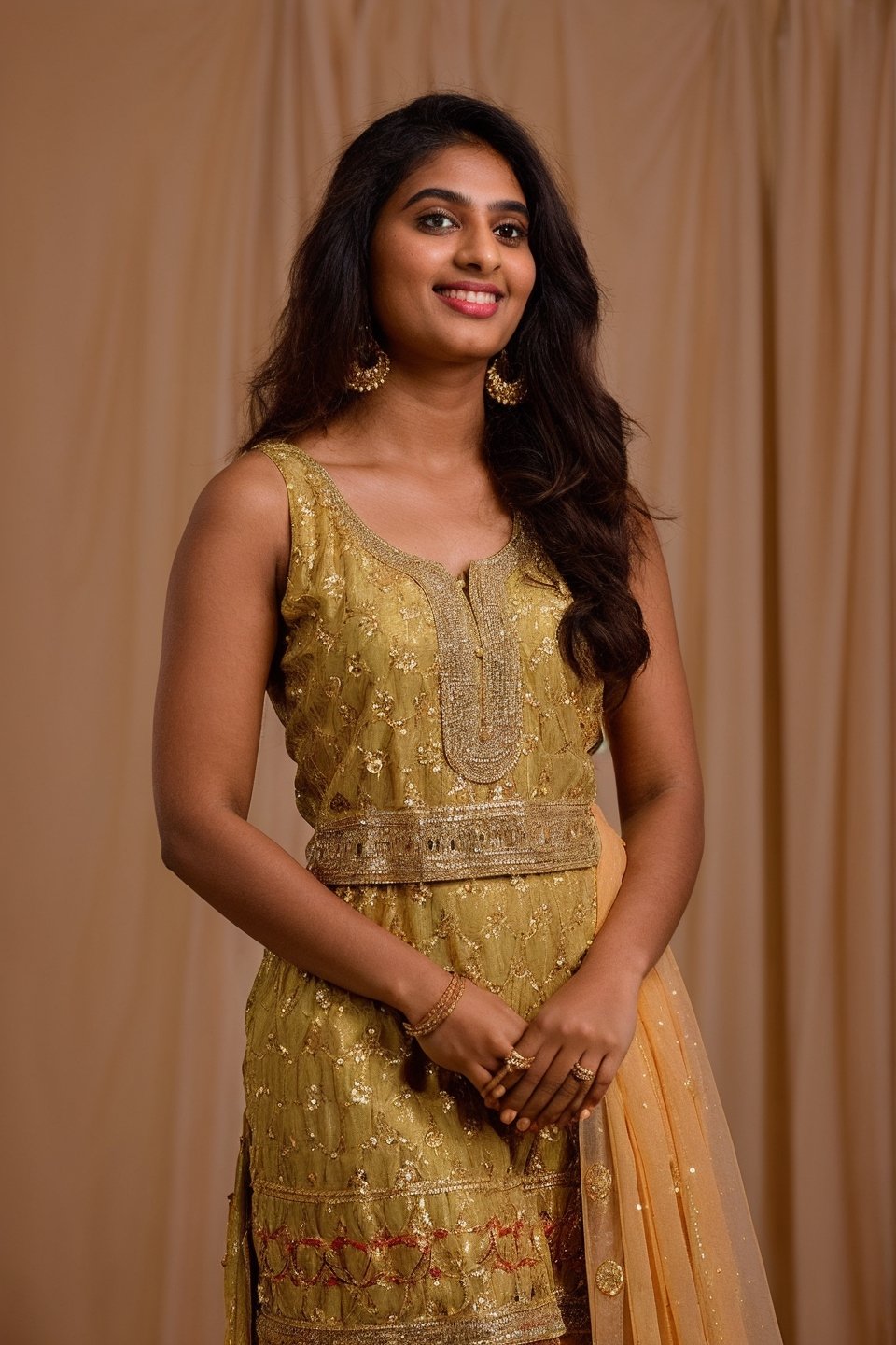 20 year old indian woman,  thick waist, long curly brown hair, gold jewels, front view, movie scene, cinematic, high-quality, ultra-detailed, professionally color graded, professional photography.  ( hard light:1.2), (volumetric:1.2), well-lit, double exposure, award-winning photograph, dramatic lighting, dramatic shadows, illumination, long shot, wide shot, full body, at beach, smart watch on left hand, happy_face, Fast shutter speed, 1/1000 sec shutter, golden_jewelry, embroidered traditional indian dress, , new year night,salwar, hand_up, sleeveless