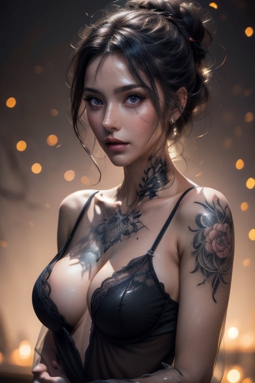 (High detailed, raw photo, realistic masterpiece), 1girl, black hair in a messy bun, see-through-pajamas, (swollen breasts, cleavage), sexy pose, sexy photo shoot,arms wrapped around body,highly detailed face,professional makeup,arm tattoo,blurry_light_background,inst4 style,High detailed ,hands on own chest 