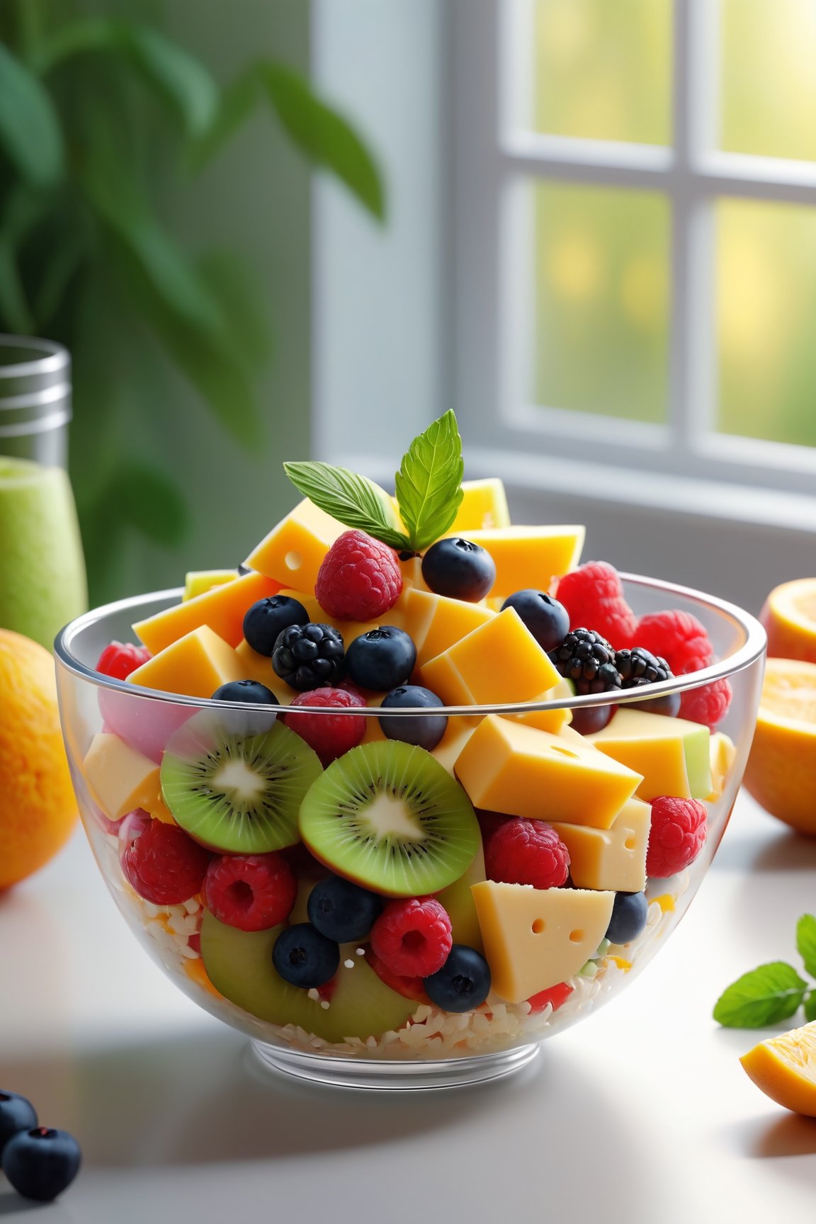 fruit salad with grated cheese topping in a transparent bowl, 8k, 3D, blender, CGI, highly detailed, intricate, award-wining, cinematic, beautiful light, 100mm
,Movie Still