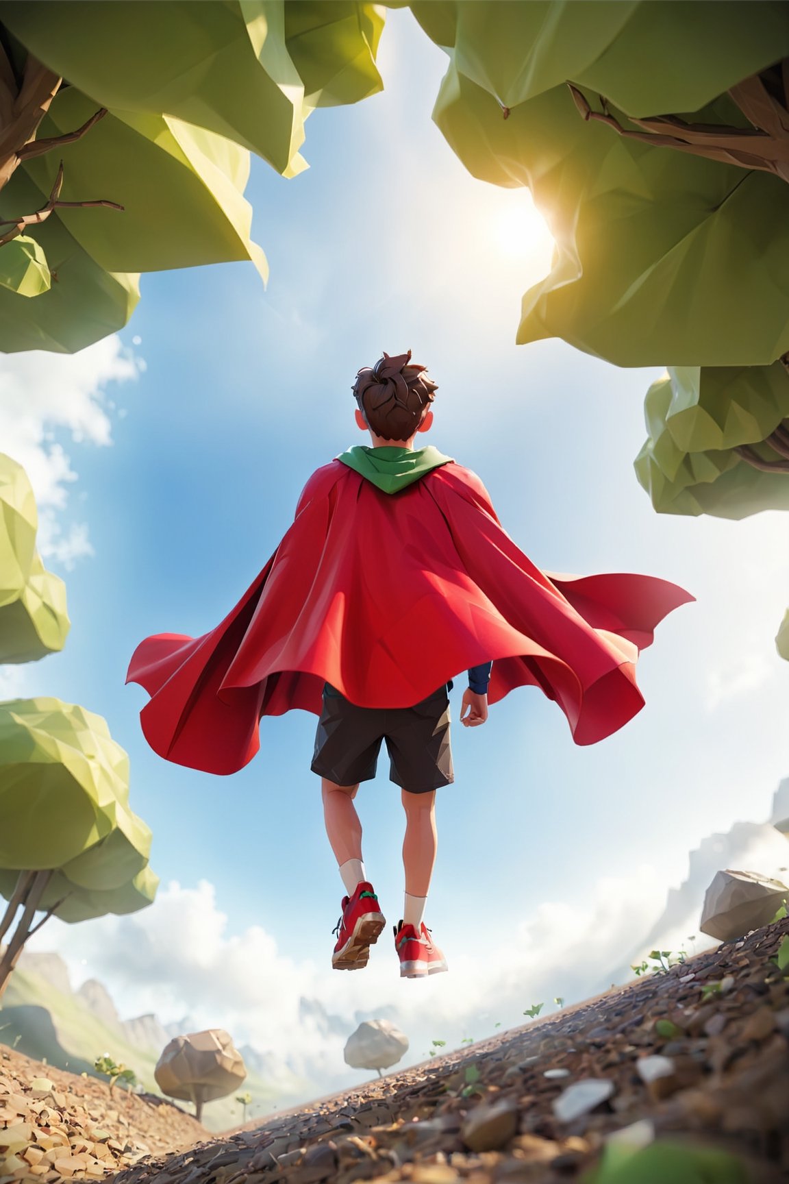 a boy with red cape floating above the ground, viewed from bellow, camera view, dynamic field of view, cartoon camera style, panoramic, ultra wide angle, spherical perspective, action cam