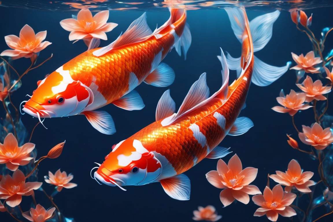 nature as part of a koi fish, full body, front side, subsurface scattering, transparent, translucent skin, glow, bloom, Bioluminescent liquid,3d style,cyborg style,Movie Still,Leonardo Style, warm color, vibrant, volumetric light, illustration,3d