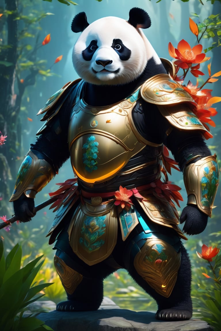 nature as part of panda body full body, full armor, chinesse warrior, front side, subsurface scattering, transparent, translucent skin, glow, bloom, Bioluminescent liquid,3d style,cyborg style,Movie Still,Leonardo Style, warm color, vibrant, volumetric light, illustration,3d