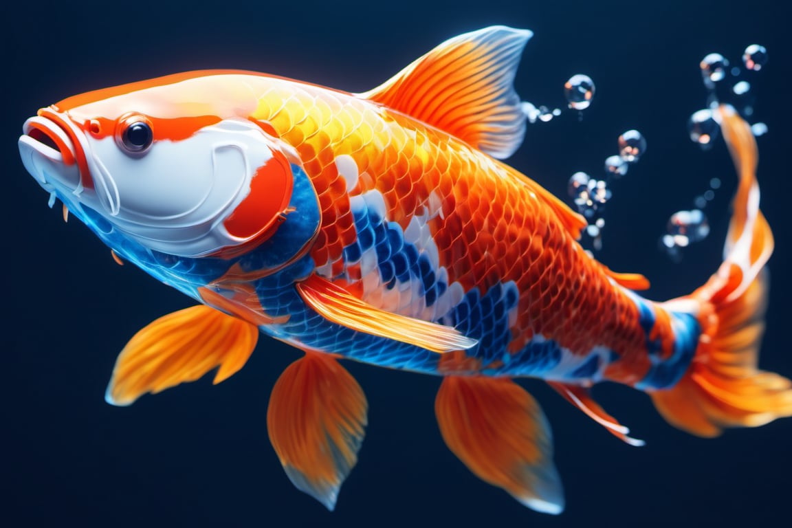 nature as part of a koi fish, full body, front side, subsurface scattering, transparent, translucent skin, glow, bloom, Bioluminescent liquid,3d style,cyborg style,Movie Still,Leonardo Style, warm color, vibrant, volumetric light, illustration,3d