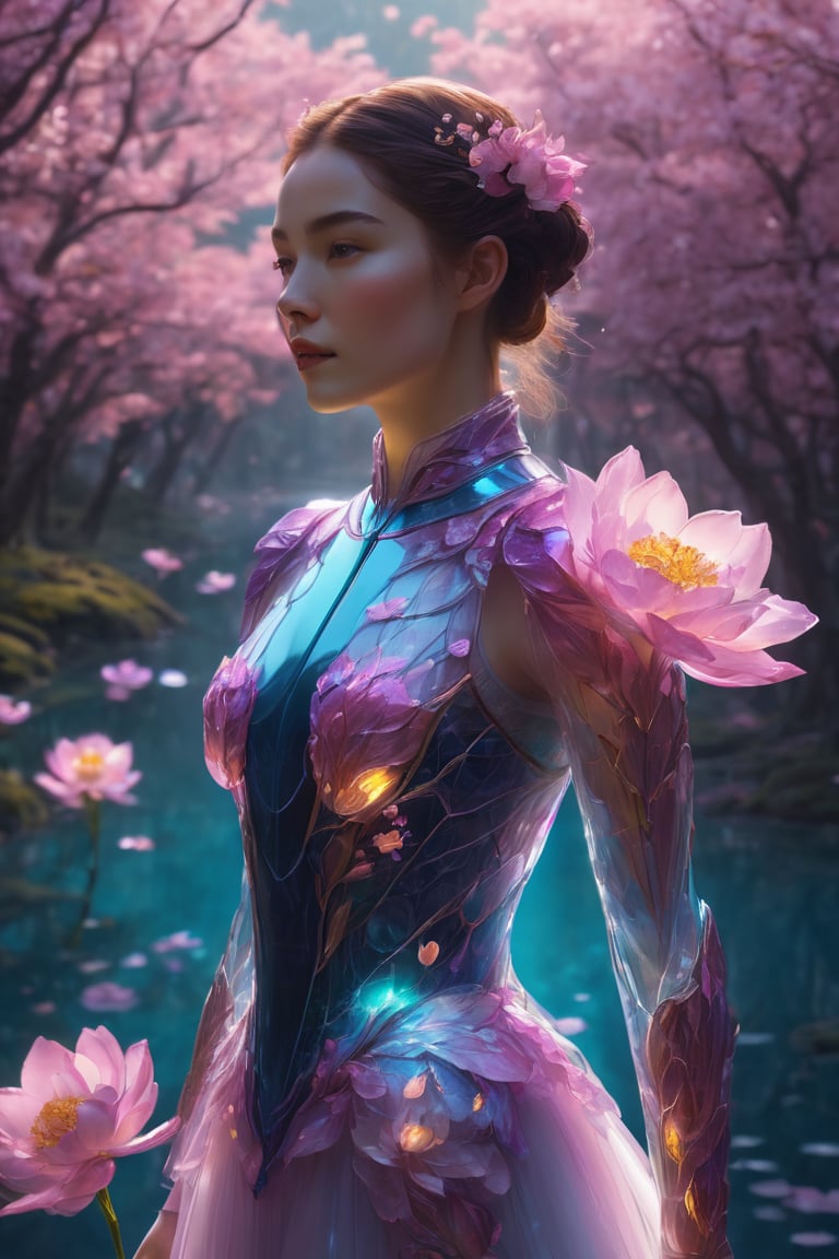 nature as part of human body, front facing, fullbody, front side, subsurface scattering, transparent, translucent skin, glow, bloom, Bioluminescent liquid,3d style,cyborg style,Movie Still,Leonardo Style, warm color