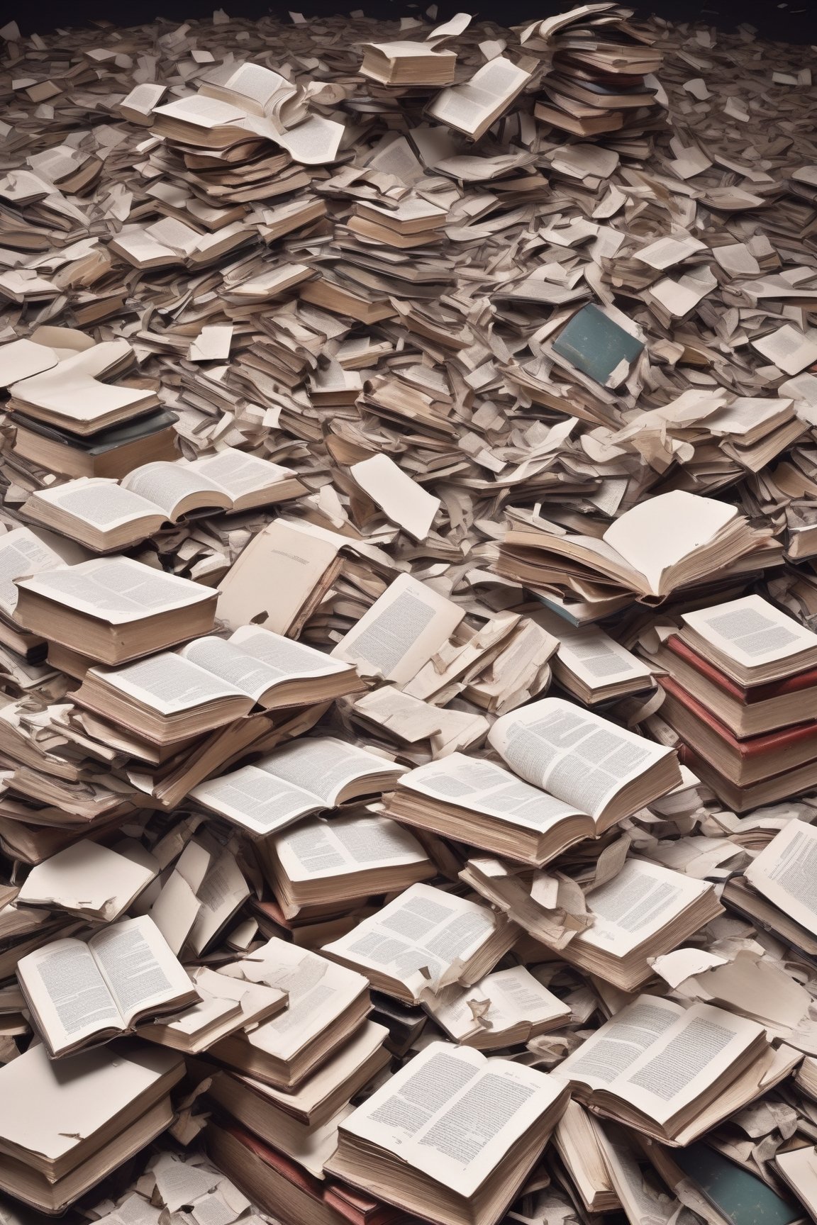 Generate an image depicting a pile of broken books. Show pages scattered, covers bent, and books torn apart, forming a disorganized collection of damaged literature. Convey the sense of disorder and the loss of wholeness as the books lie in various states of disrepair, add symbol of hope, Movie Still