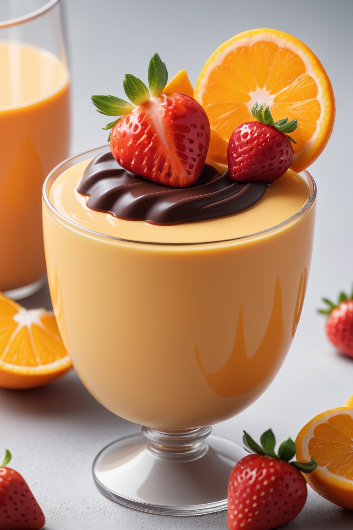 orange milk pudding with chocolate and strawberry topping, 8k, 3D, blender, CGI, highly detailed, intricate, award-wining, cinematic, beautiful light, 100mm
,Movie Still