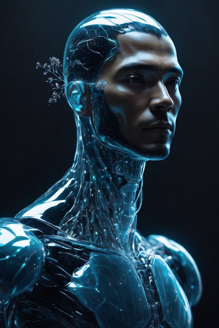 nature as part of human body, front facing, fullbody, front side, subsurface scattering, transparent, translucent skin, glow, bloom, Bioluminescent liquid,3d style,cyborg style,Movie Still,Leonardo Style