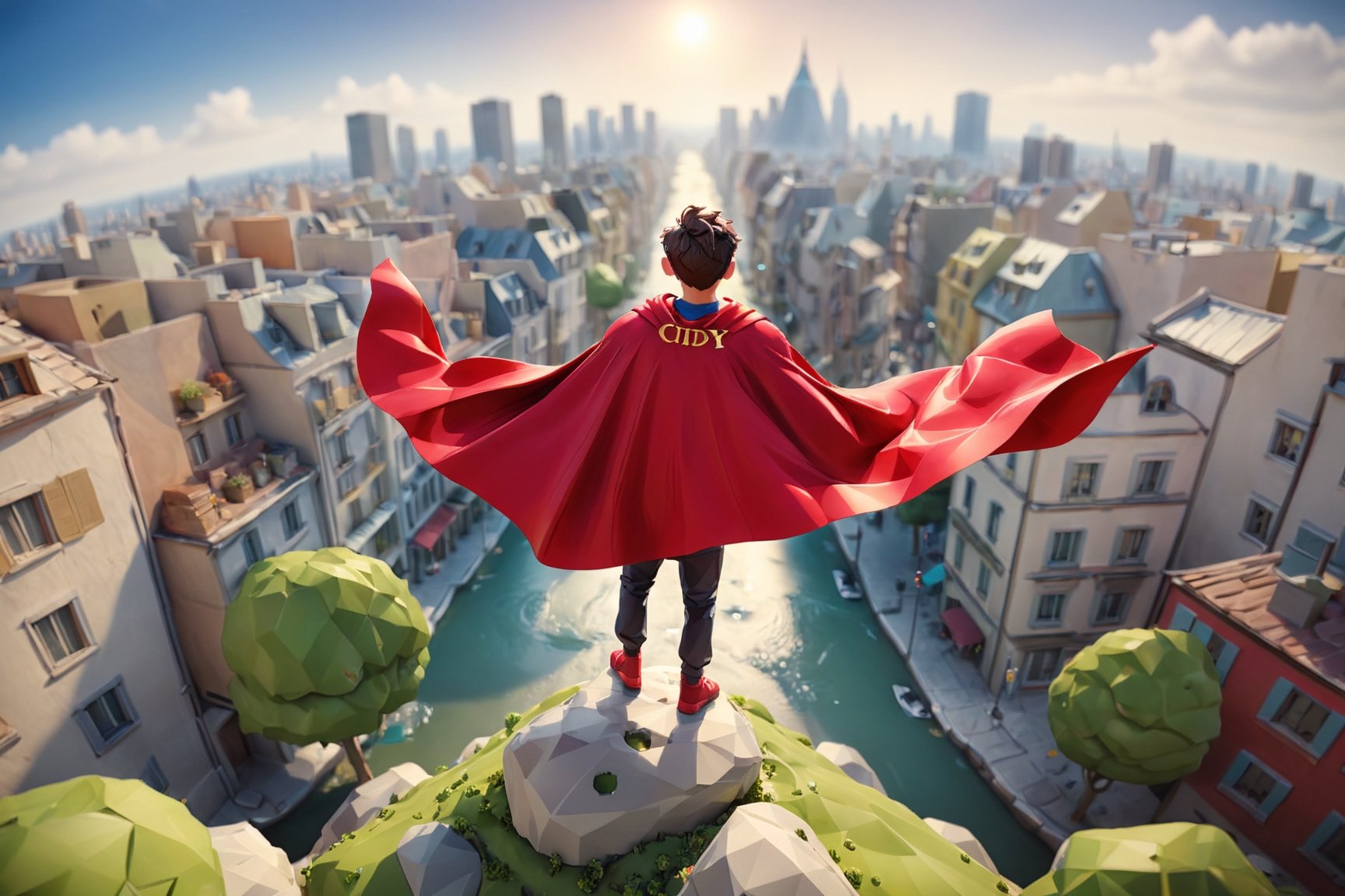 1boy with red cape floating above the city, Centred Composition, viewed from bellow, viewed from behind, camera view, dynamic field of view, cartoon camera style, panoramic, ultra wide angle, spherical perspective view, action cam