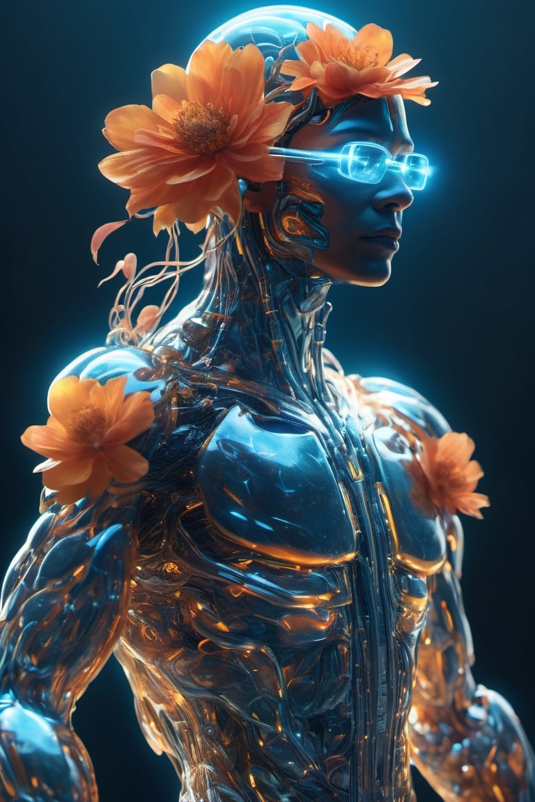 nature as part of human body, front facing, fullbody, front side, subsurface scattering, transparent, translucent skin, glow, bloom, Bioluminescent liquid,3d style,cyborg style,Movie Still,Leonardo Style, warm color, vibrant