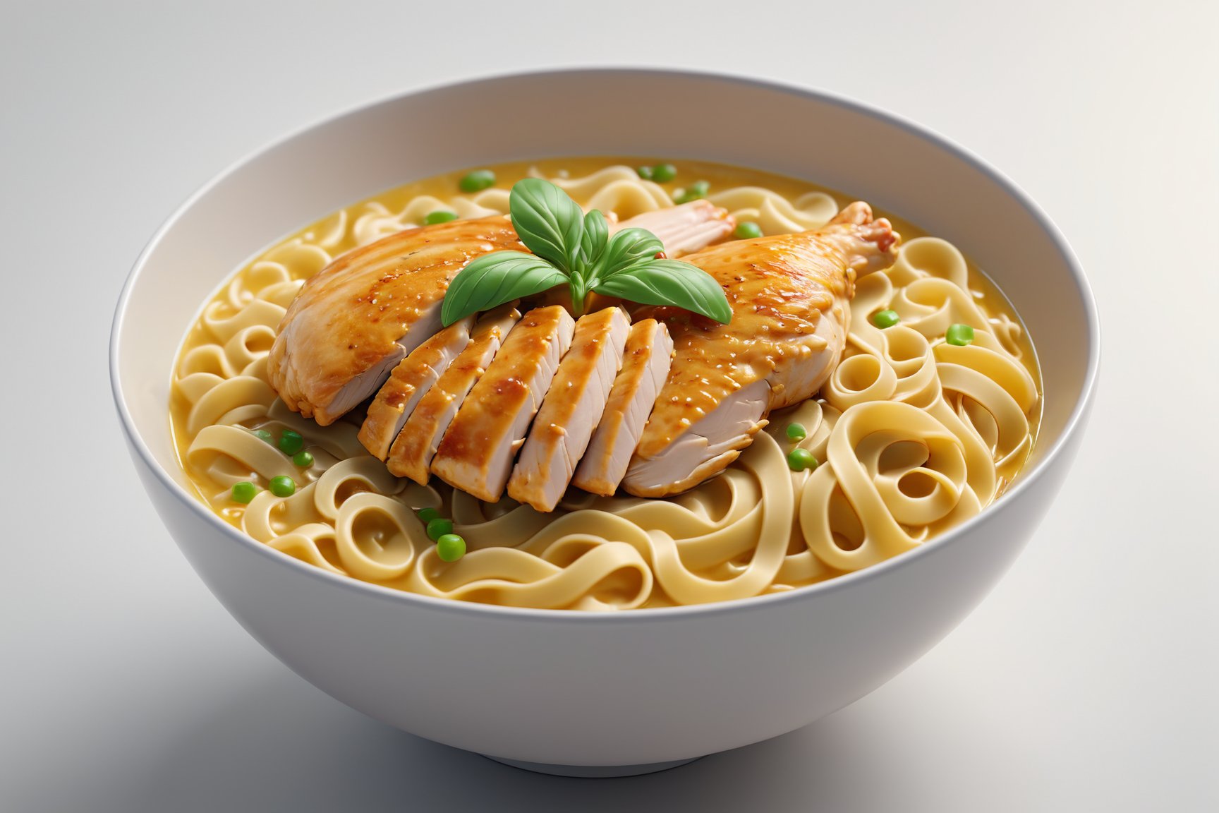 a bowl of chicken noodle, 8k, 3D, blender, CGI, highly detailed, intricate, award-wining, cinematic, beautiful light, 100mm
,Movie Still, white background