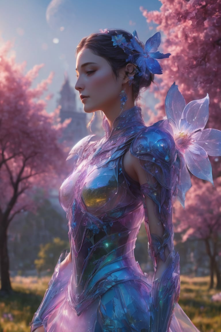 nature as part of human body, front facing, fullbody, front side, subsurface scattering, transparent, translucent skin, glow, bloom, Bioluminescent liquid,3d style,cyborg style,Movie Still,Leonardo Style