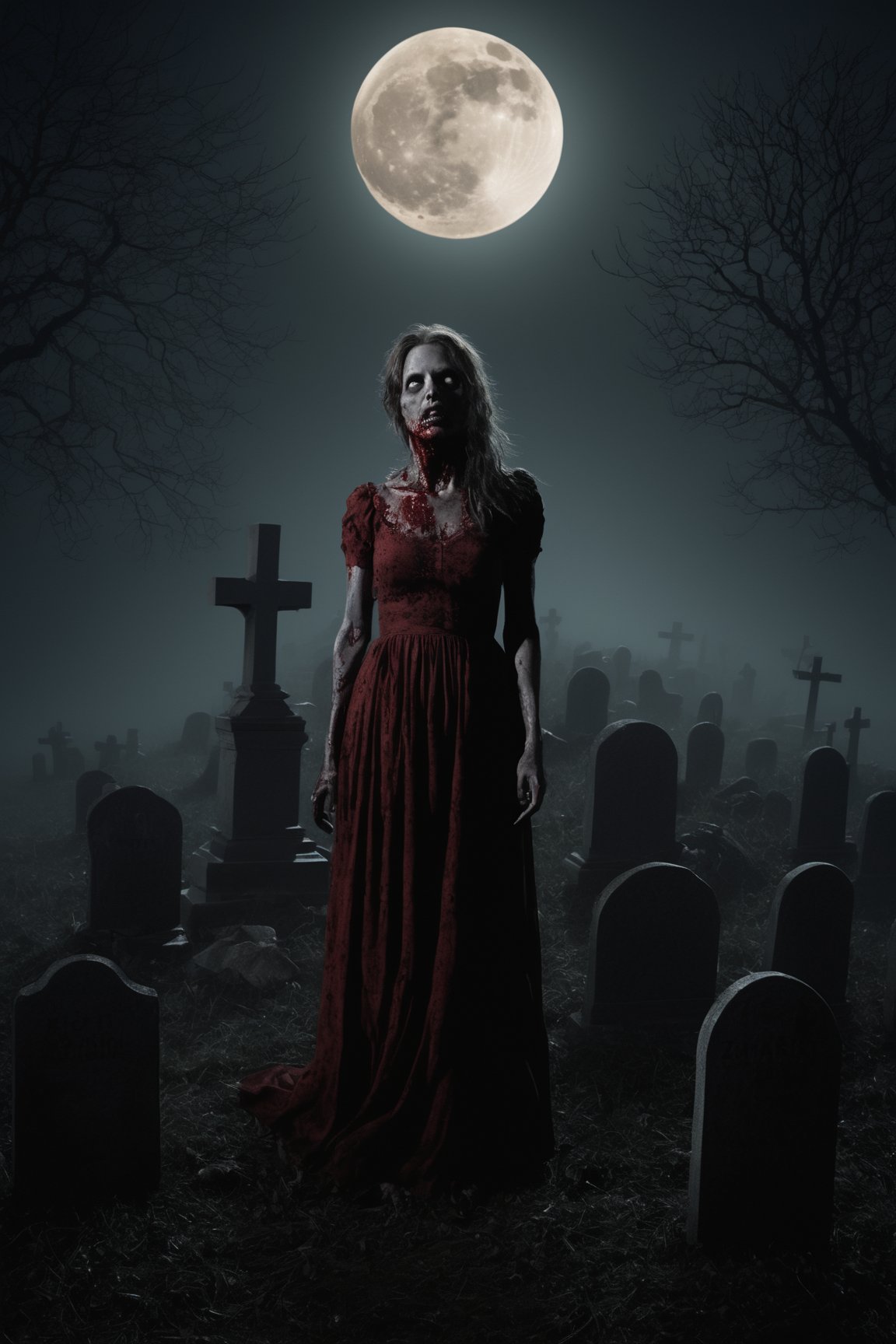 Generate an image depicting a zombie emerging from a cemetery scene. Show a pale hand clawing its way out of a fresh mound of earth, followed by the emergence of a tattered and haggard zombie figure. The moon casts a dim light on the fog-shrouded tombstones. The zombie's eyes emit a faint glow as it takes slow, stumbling steps forward, evoking an unsettling sense of resurrection. Convey the eerie atmosphere of the scene while focusing on the simple yet chilling moment of the zombie's emergence,Movie Still, full figure, full body, red and black dress, red liquid dripping, night time, cold weather, full moon, (translucent), (veins)