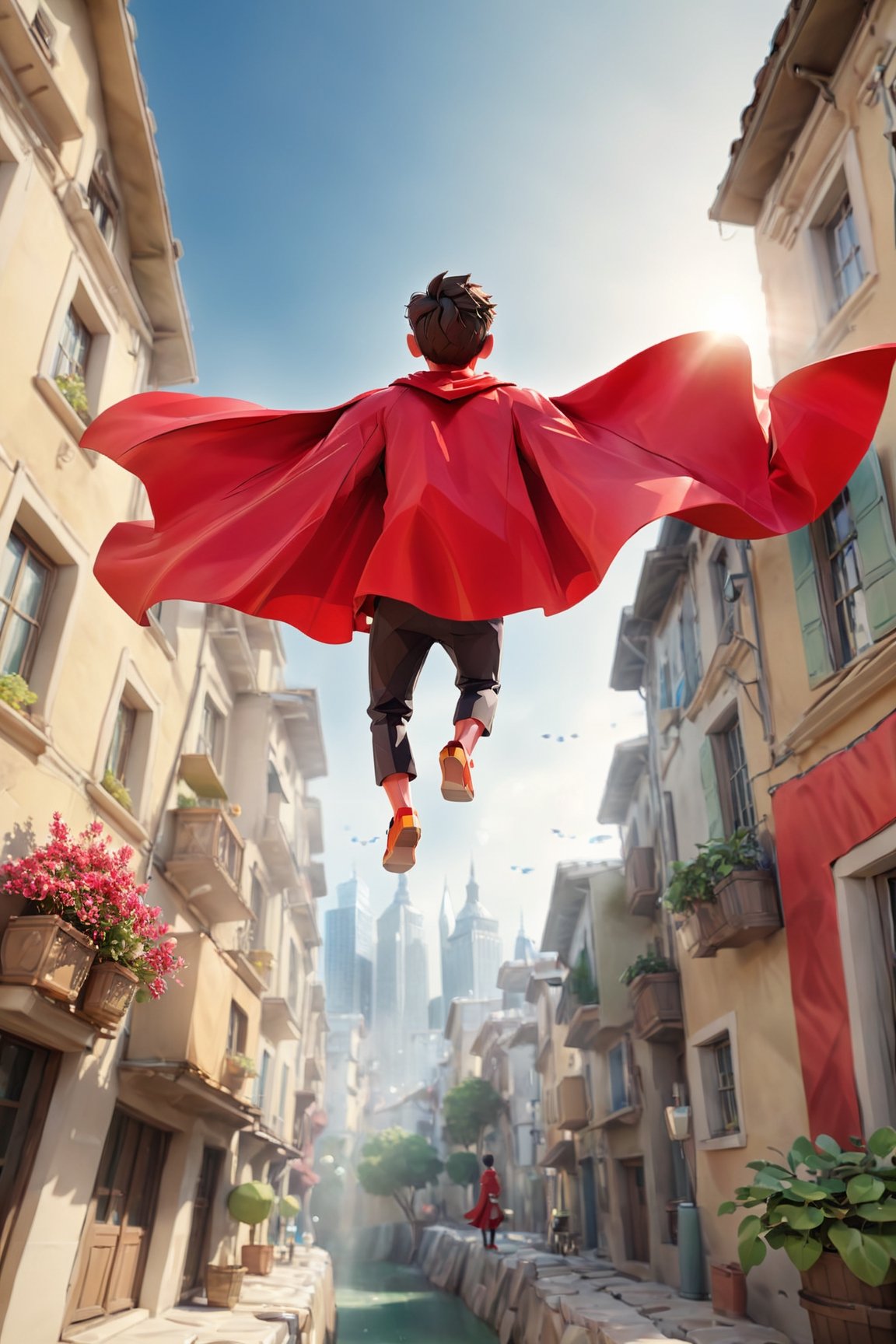 1boy with red cape floating above the city, viewed from bellow, viewed from behind, camera view, dynamic field of view, cartoon camera style, panoramic, ultra wide angle, spherical perspective view, action cam