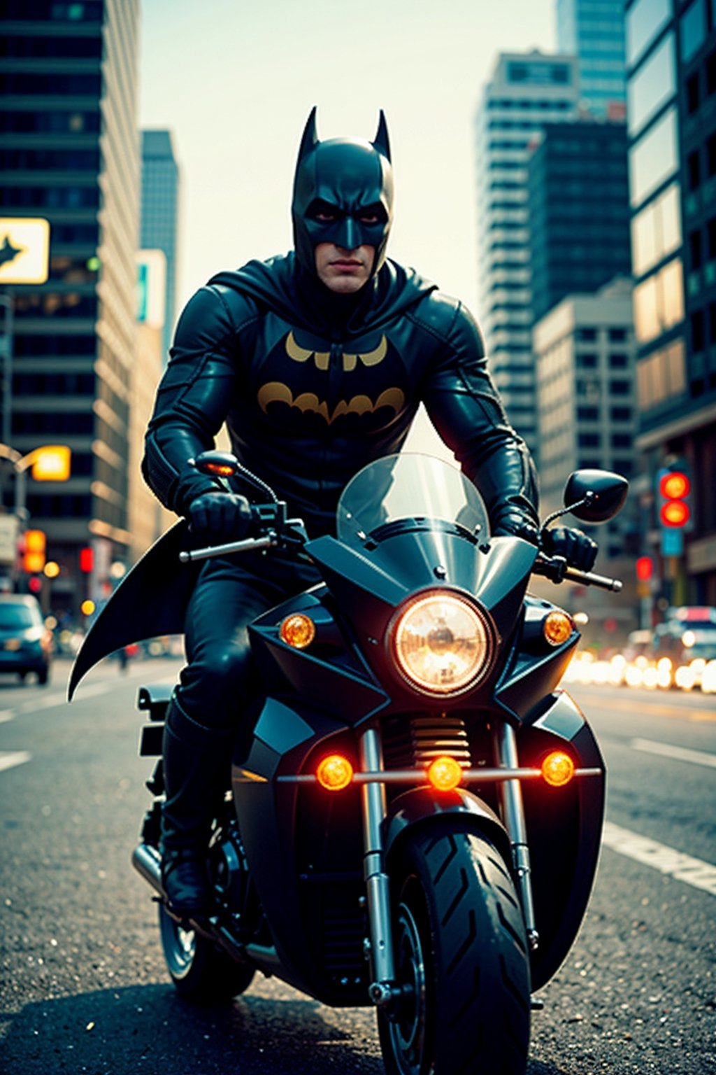 batman riding motocyle at cyberpunk