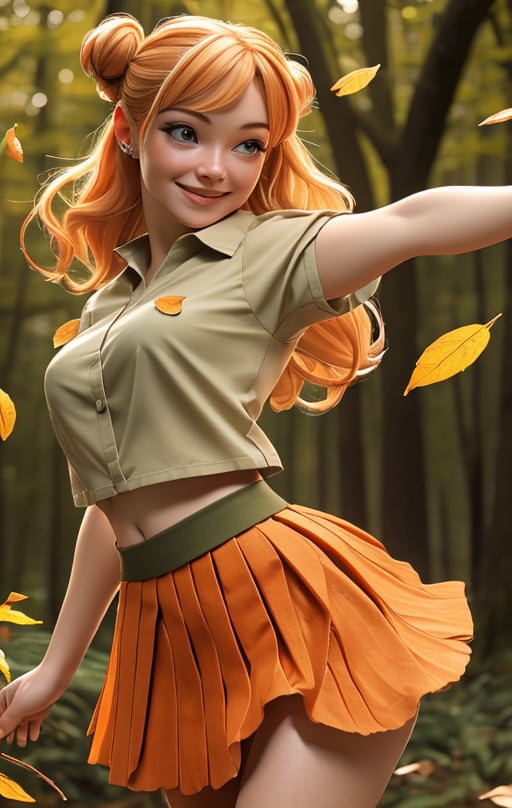 Best quality, masterpiece, ultra high res, (photorealistic:1.37), raw photo, 1girl, smiling Fairy Woman, adult female, Orange and blonde hair, Skirt made of Leaves, Shirt Made of Leaves, Nude, Dynamic Lighting,  Fairy flying in forest, single hair bun