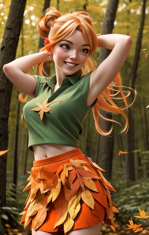 Best quality, masterpiece, ultra high res, (photorealistic:1.37), raw photo, 1girl, smiling Fairy Woman, adult female, Orange and blonde hair, Skirt made of Leaves, Shirt Made of Leaves, Nude, Dynamic Lighting,  Fairy flying in forest, single hair bun