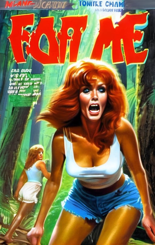 Best quality, masterpiece, ultra high res, (photorealistic:1.37), raw photo, 1975 Painted Horror Magazine Cover, 1girl, scared, Red Hair Goddess, adult female, Short Yellow denim Shorts, nude,  White crop tee shirt says "Eat Me",  Gold Jewelry, Dynamic Lighting, Runnung out of dark forest. Background Mummies chasing her

