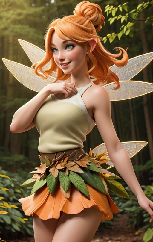 Best quality, masterpiece, ultra high res, (photorealistic:1.37), raw photo, 1girl, smiling Fairy Woman, adult female, Orange and blonde hair, Skirt made of Leaves, Nude, Dynamic Lighting,  Fairy flying in forest, single hair bun