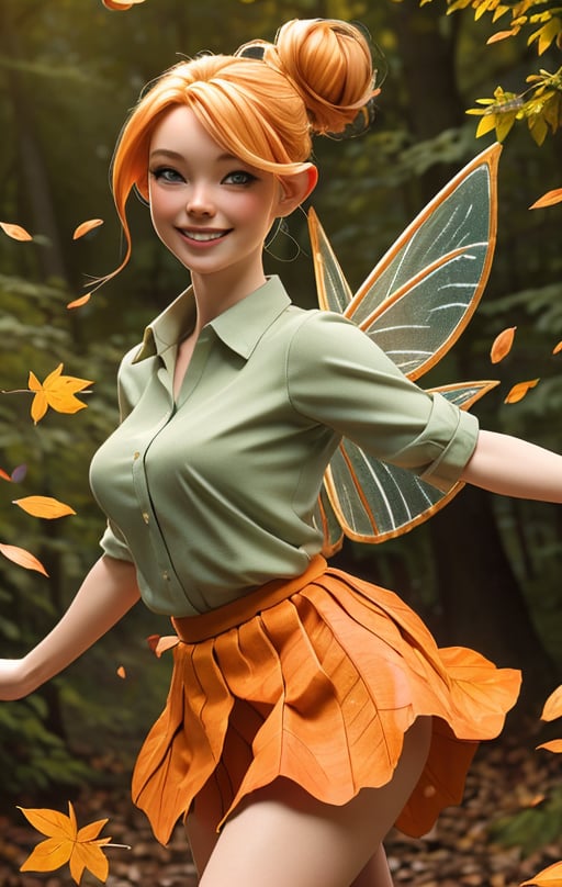 Best quality, masterpiece, ultra high res, (photorealistic:1.37), raw photo, 1girl, smiling Fairy Woman, adult female, Orange and blonde hair, Skirt made of Leaves, Shirt Made of Leaves, Nude, Dynamic Lighting,  Fairy flying in forest, single hair bun