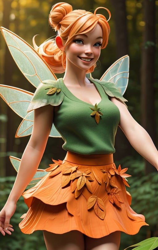 Best quality, masterpiece, ultra high res, (photorealistic:1.37), raw photo, 1girl, smiling Fairy Woman, adult female, Orange and blonde hair, Skirt made of Leaves, Nude, Dynamic Lighting,  Fairy flying in forest, single hair bun